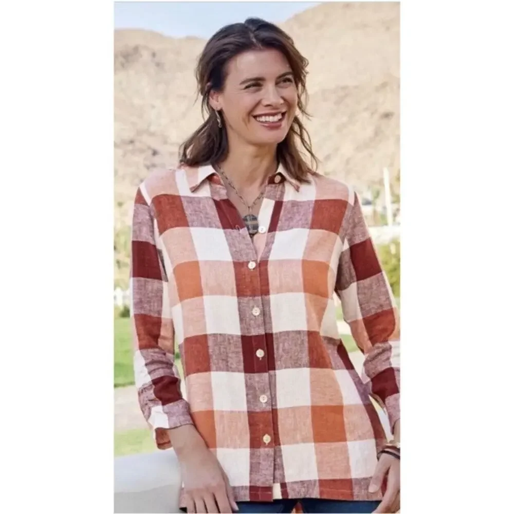 Soft Surroundings Carreaux Shirt Button Front Plaid Linen Blend Zipper Women’s M - Picture 9 of 9